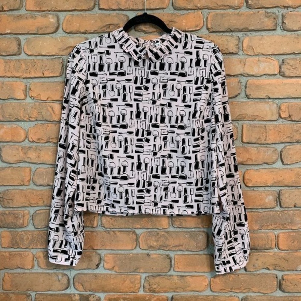 Bethany Mota Nail Polish Print Blouse Pink Black Peter Pan Collar Button Back L